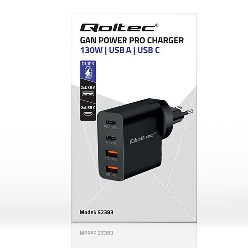 Qoltec Wall Charger EU Plug GaN POWER PRO 2xUSB C, 2xUSB, 130W