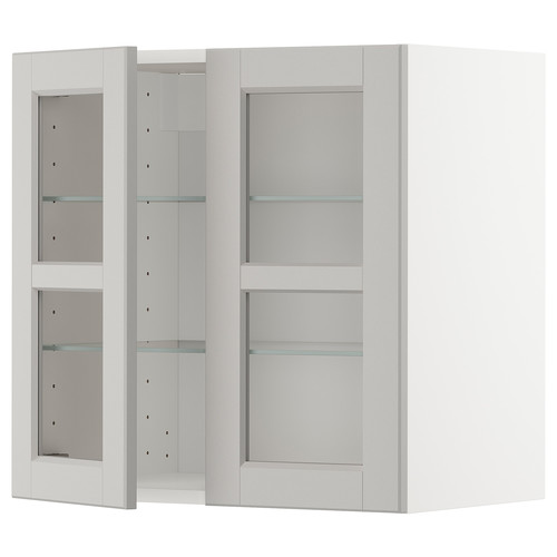 METOD Wall cabinet w shelves/2 glass drs, white/Lerhyttan light grey, 60x60 cm