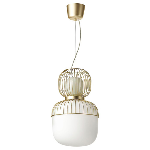 PILBLIXT Pendant lamp, white/light green glass/gold effect metal, 33 cm