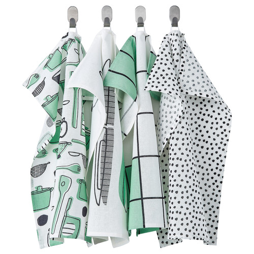 RINNIG Tea towel, white/green, patterned, 45x60 cm