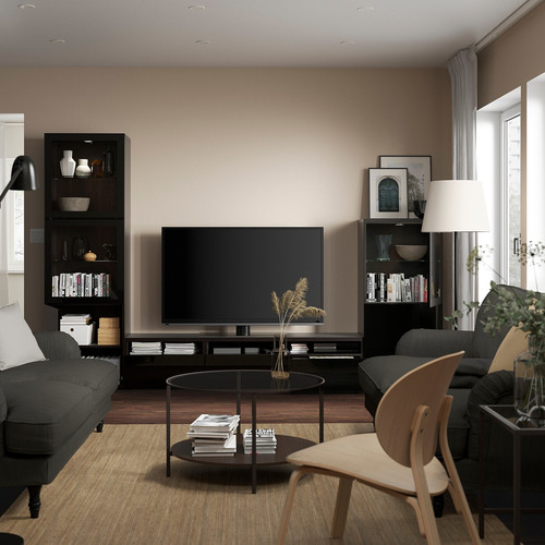 BESTÅ TV storage combination/glass doors, black-brown/Selsviken high-gloss/black clear glass, 300x42x193 cm