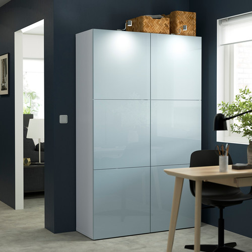 BESTÅ Storage combination with doors, white Selsviken, high-gloss light grey-blue, 120x42x193 cm