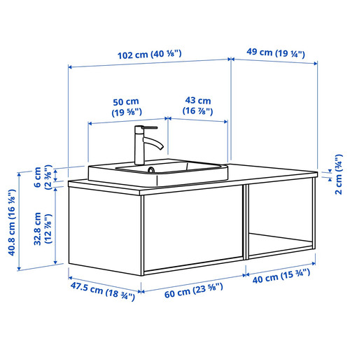 ÄNGSJÖN / BACKSJÖN Wash-stand/wash-basin/tap, oak effect/white marble effect, 102x49x41 cm