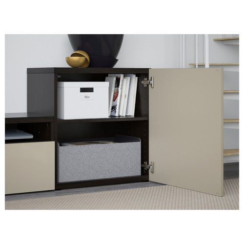 BESTÅ TV storage combination/glass doors, black-brown/Selsviken high-gloss/beige smoked glass, 300x42x211 cm