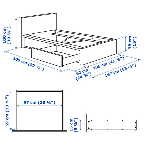 MALM Bed frame, high, w 2 storage boxes, black-brown, 90x200 cm