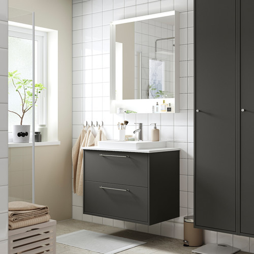 HAVBÄCK / ORRSJÖN Wash-stnd w drawers/wash-basin/tap, dark grey/white marble effect, 82x49x71 cm