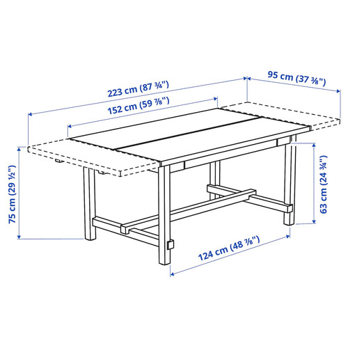 NORDVIKEN / SKOGSBO Table and 4 chairs, white/dark brown, 152/223 cm