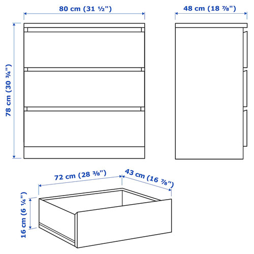 MALM Chest of 3 drawers, white, high-gloss, 80x78 cm