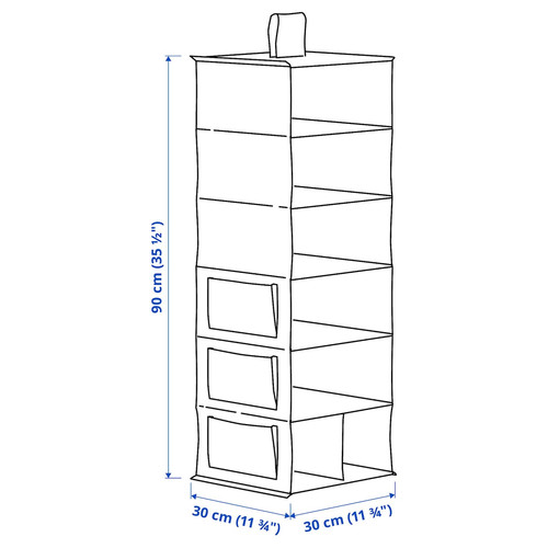 BLÄDDRARE Hanging storage with 7 compartments, grey, patterned, 30x30x90 cm