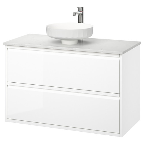 ÄNGSJÖN / LERSJÖN Wash-stnd w drawers/wash-basin/tap, high-gloss white/white marble effect, 102x49x79 cm