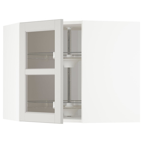 METOD Corner wall cab w carousel/glass dr, white, Lerhyttan light grey, 68x60 cm