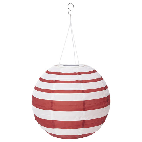 SOLVINDEN LED solar-powered pendant lamp, outdoor globe/red stripe, 30 cm