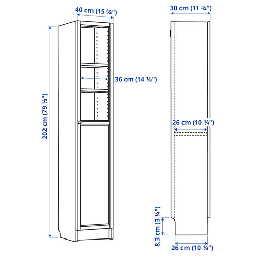 BILLY / OXBERG Bookcase with panel/glass door, black oak effect, 40x30x202 cm