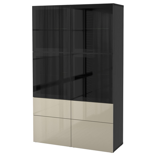 BESTÅ Storage combination w/glass doors, black-brown, Selsviken high-gloss/beige, clear glass, 120x40x192 cm