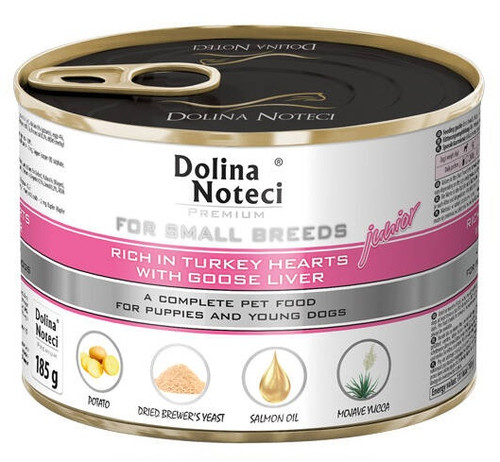 Dolina Noteci Premium Dog Wet Food for Small Breeds Junior with Turkey Hearts & Goose Liver 185g