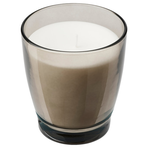 LINDLÖNNSKOG Scented candle in glass, Vanilla/grey, 50 hr