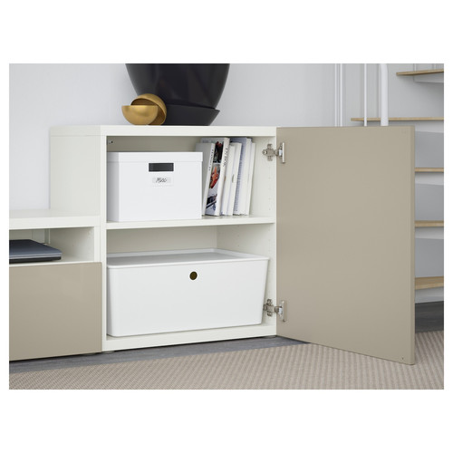 BESTÅ TV storage combination/glass doors, white/Selsviken high-gloss/beige clear glass, 300x42x211 cm