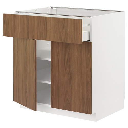 METOD / MAXIMERA Base cabinet with drawer/2 doors, white/Tistorp brown walnut effect, 80x60 cm