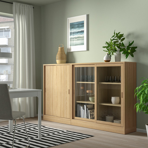 TONSTAD Storage combination w sliding doors, oak veneer/clear glass, 202x37x120 cm