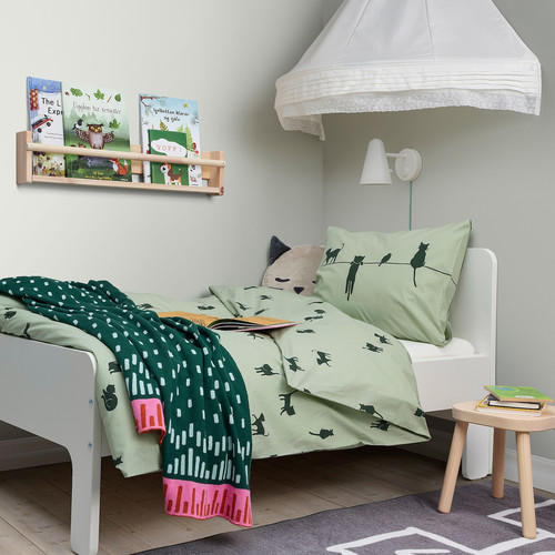 BARNDRÖM Duvet cover and pillowcase, cat pattern, green, 150x200/50x60 cm