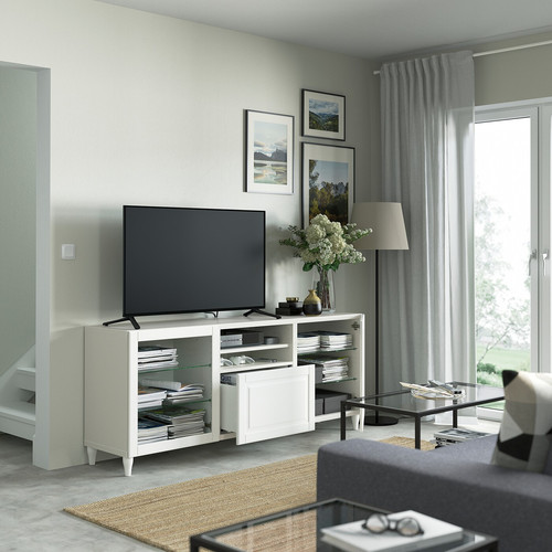 BESTÅ TV bench with drawers, white/Smeviken/Kabbarp white clear glass, 180x42x74 cm