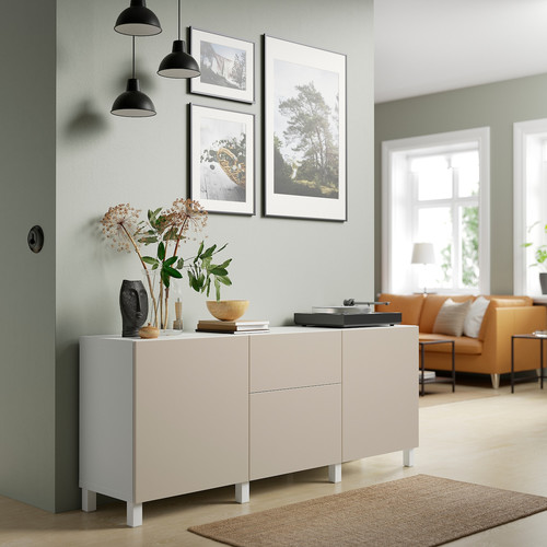 BESTÅ Storage combination with drawers, white Lappviken/Stubbarp, light grey/beige, 180x42x74 cm