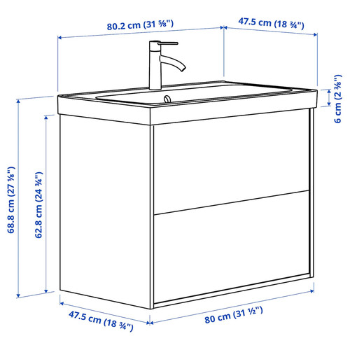 ÄNGSJÖN / BACKSJÖN Wash-stnd w drawers/wash-basin/tap, high-gloss white, 80x48x69 cm