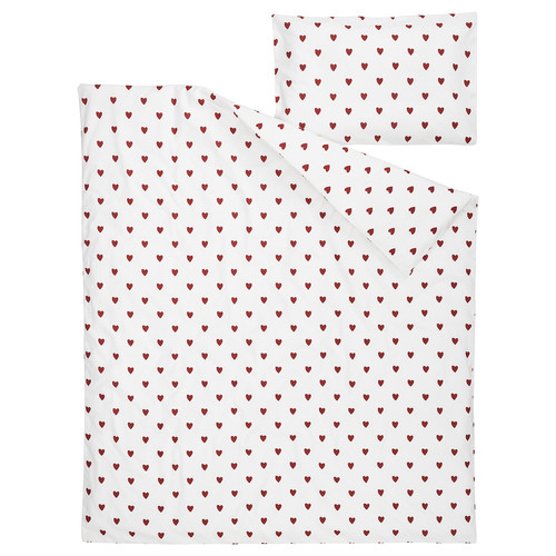 BARNDRÖM Duvet cover 1 pillowcase for cot, heart pattern/white red, 110x125/35x55 cm