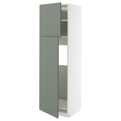 METOD High cabinet for fridge w 2 doors, white/Nickebo matt grey-green, 60x60x200 cm