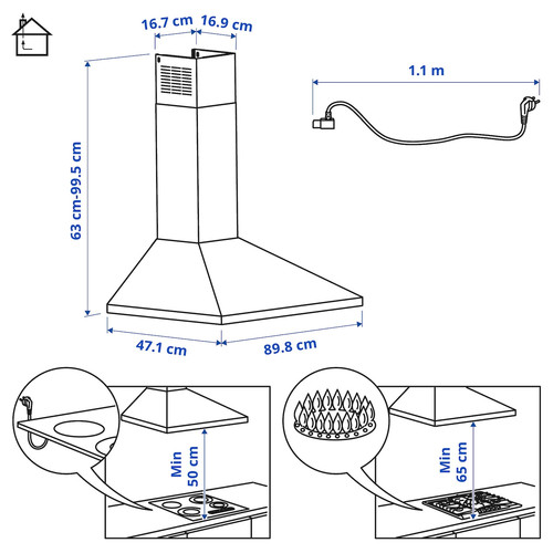 RYTMISK Wall mounted extractor hood, stainless steel, 90 cm