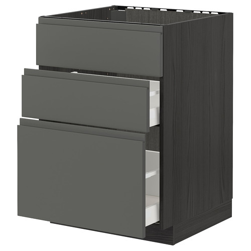 METOD / MAXIMERA Base cab f sink+3 fronts/2 drawers, black, Voxtorp dark grey, 60x60 cm