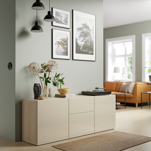 BESTÅ Storage combination with drawers, white stained oak effect/Selsviken high-gloss/beige, 180x42x65 cm