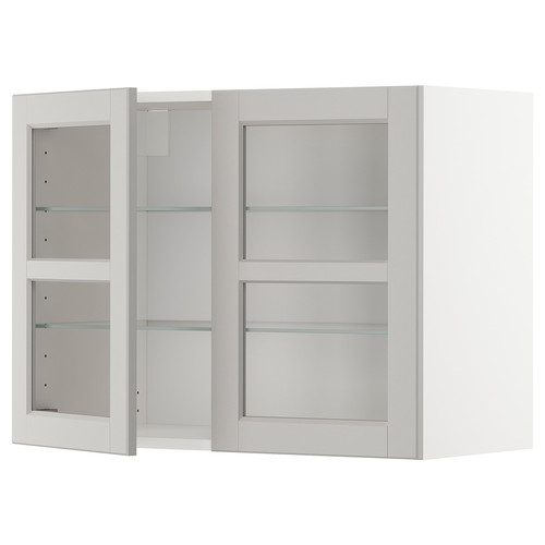 METOD Wall cabinet w shelves/2 glass drs, white/Lerhyttan light grey, 80x60 cm