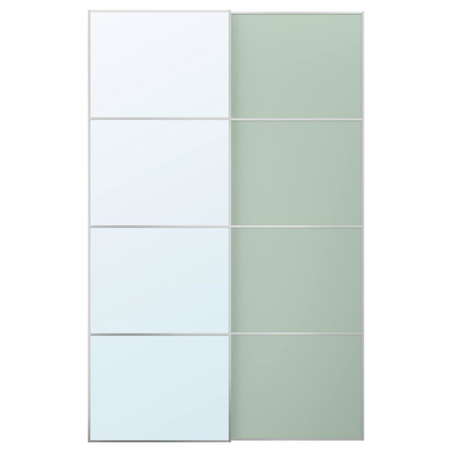 MEHAMN/AULI Pair of sliding doors, aluminium double sided/light green mirror glass, 150x236 cm