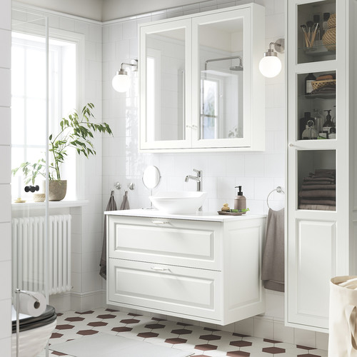 TÄNNFORSEN/VÄSTERSJÖN Wash-stnd w drawers/wash-basin/tap, white/white marble effect, 102x49x79 cm