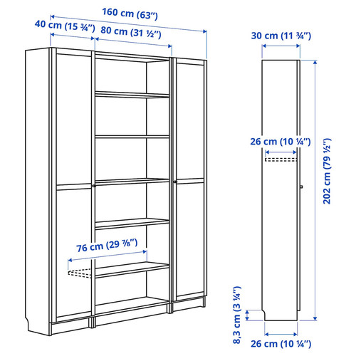 BILLY / OXBERG Bookcase comb w glass doors, dark brown oak effect, 160x202 cm