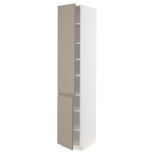 METOD High cabinet with shelves/2 doors, white/Upplöv matt dark beige, 40x60x220 cm