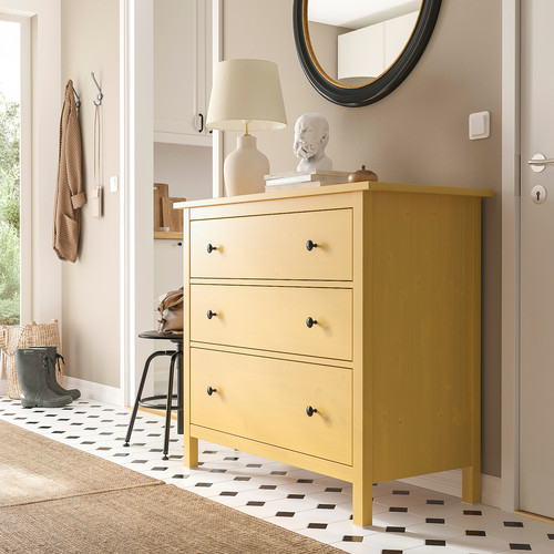 HEMNES Chest of 3 drawers, yellow stain, 108x96 cm