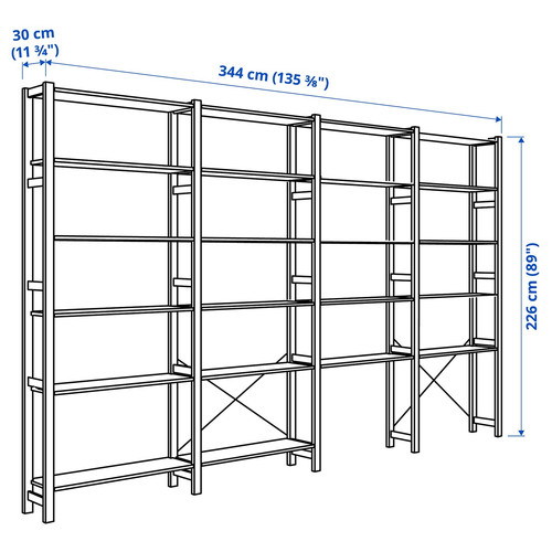 IVAR 4 sections/shelves, pine, 344x30x226 cm