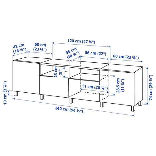 BESTÅ TV bench with doors and drawers, white/Västerviken dark grey, 240x42x74 cm