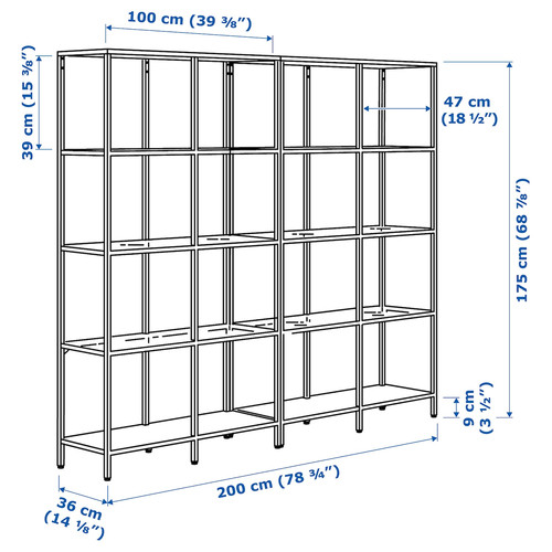 VITTSJÖ Storage combination, black-brown/glass, 200x36x175 cm