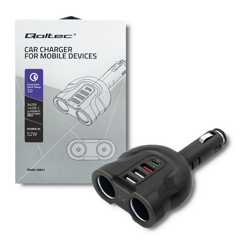 Qoltec Car Charger 12-24V | 52W | 2.4A | 2xUSB | USB QC 3.0 | USB C PD | 2x Cigarette Lighter Splitter