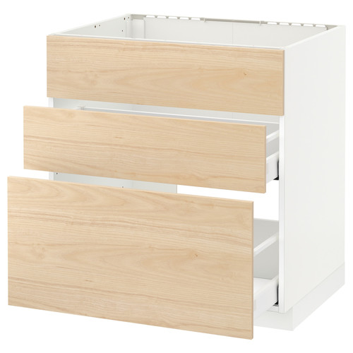 METOD / MAXIMERA Base cab f sink+3 fronts/2 drawers, white, Askersund light ash effect, 80x60 cm