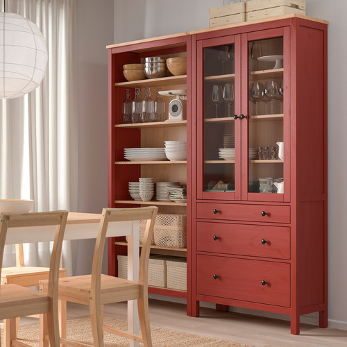 HEMNES Storage combination w doors/drawers, red stained/light brown stained, 180x197 cm