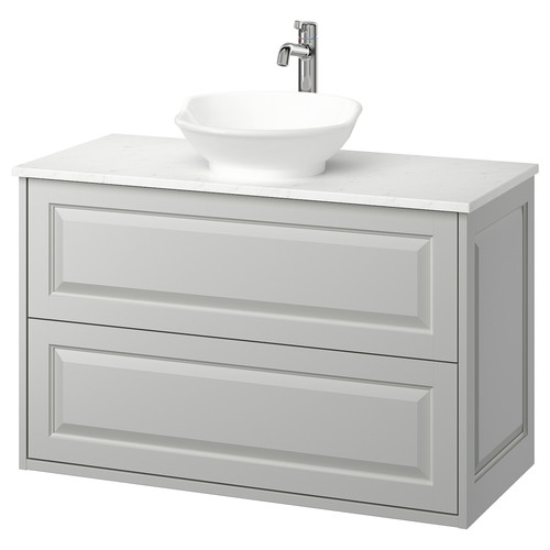 TÄNNFORSEN/VÄSTERSJÖN Wash-stnd w drawers/wash-basin/tap, light grey/white marble effect, 102x49x79 cm