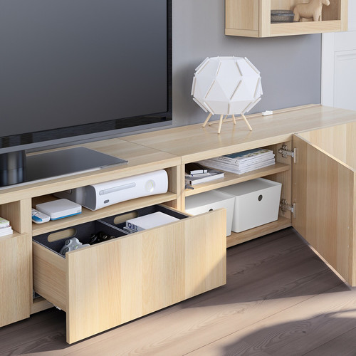 BESTÅ TV storage combination/glass doors, white stained oak effect/Lappviken white stained oak eff clear glass, 240x42x190 cm