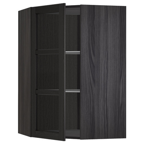 METOD Corner wall cab w shelves/glass dr, black/Lerhyttan black stained, 68x100 cm