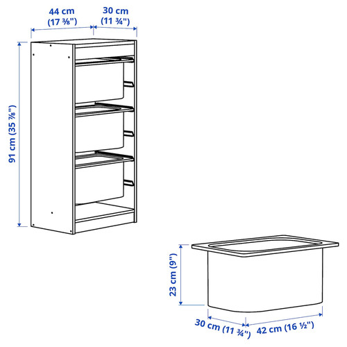 TROFAST Storage combination with boxes, light white stained pine/red, 44x30x91 cm