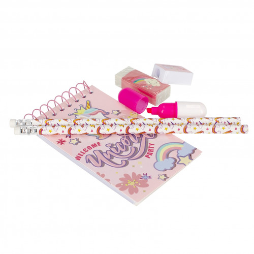 School Set Magical Unicorn - Notepad, Pencils, Hghlighter, Eraser, Sharpener