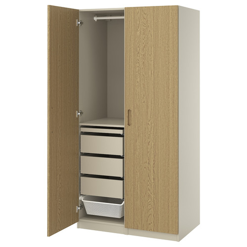 PAX / TONSTAD Wardrobe combination, grey-beige/oak veneer, 100x60x201 cm